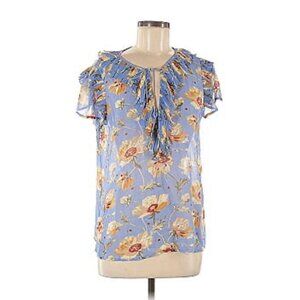 SILK Paige Women's Blue Floral Ruffle Sheer Blouse Top Size Small Flutter Sleeve